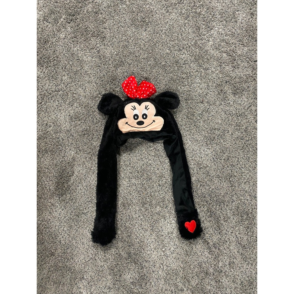 Disney Minnie Mouse Plush Trapper Hat Faux Fur Ear Flaps Red Bow Black